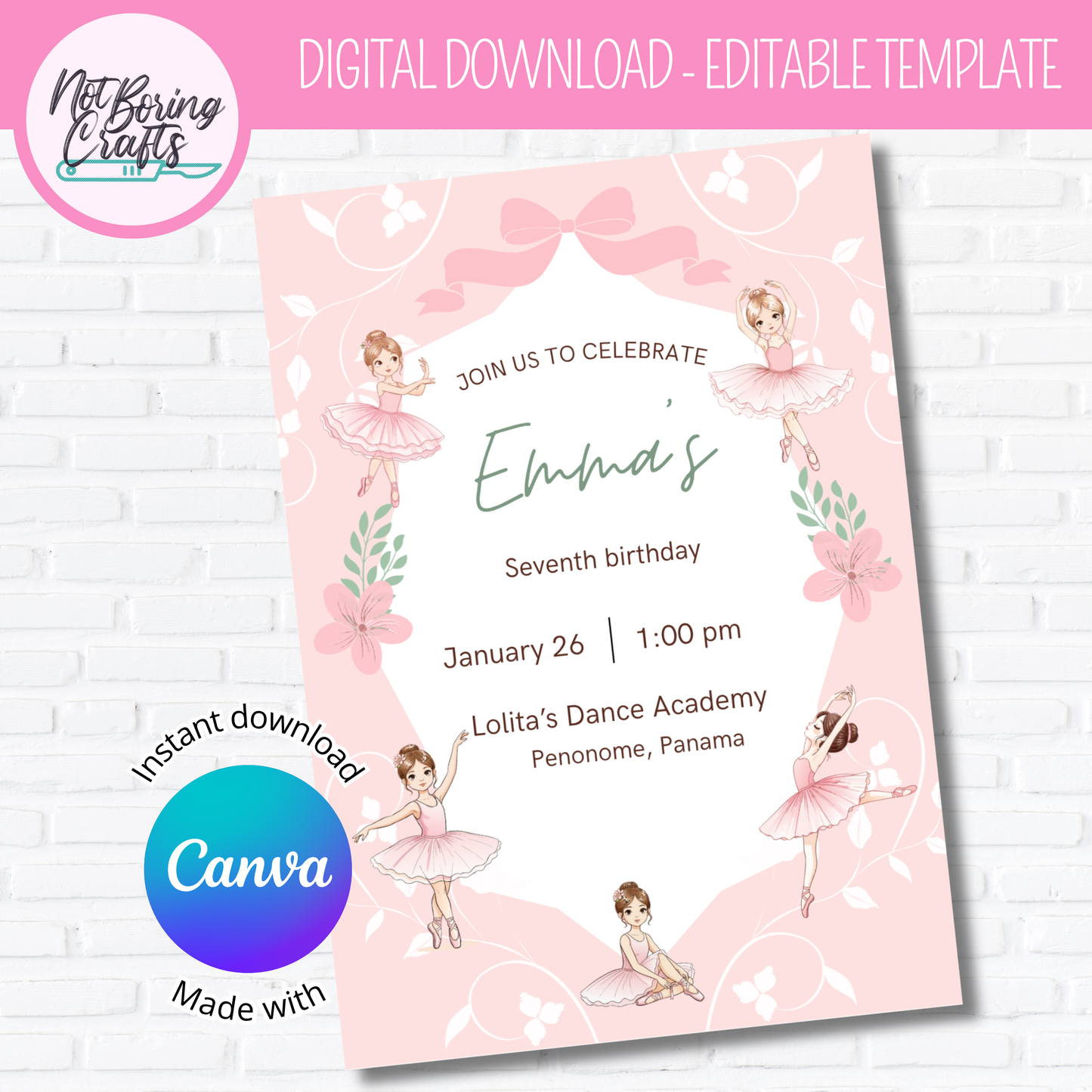 Tarjeta de Invitacion Bailarina - editable en CANVA