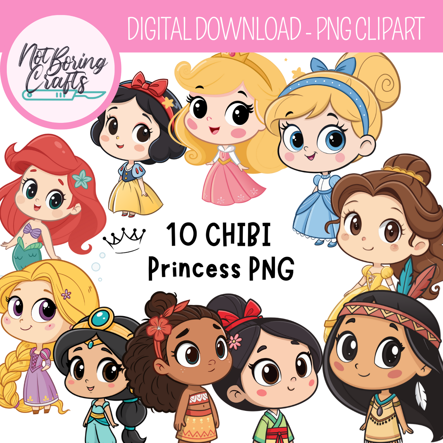 Disney Princess Chibi Style PNG Clipart Set – Digital Download 