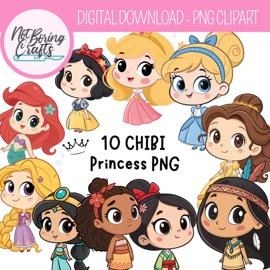 Disney Princess Chibi Style PNG Clipart Set – Digital Download 