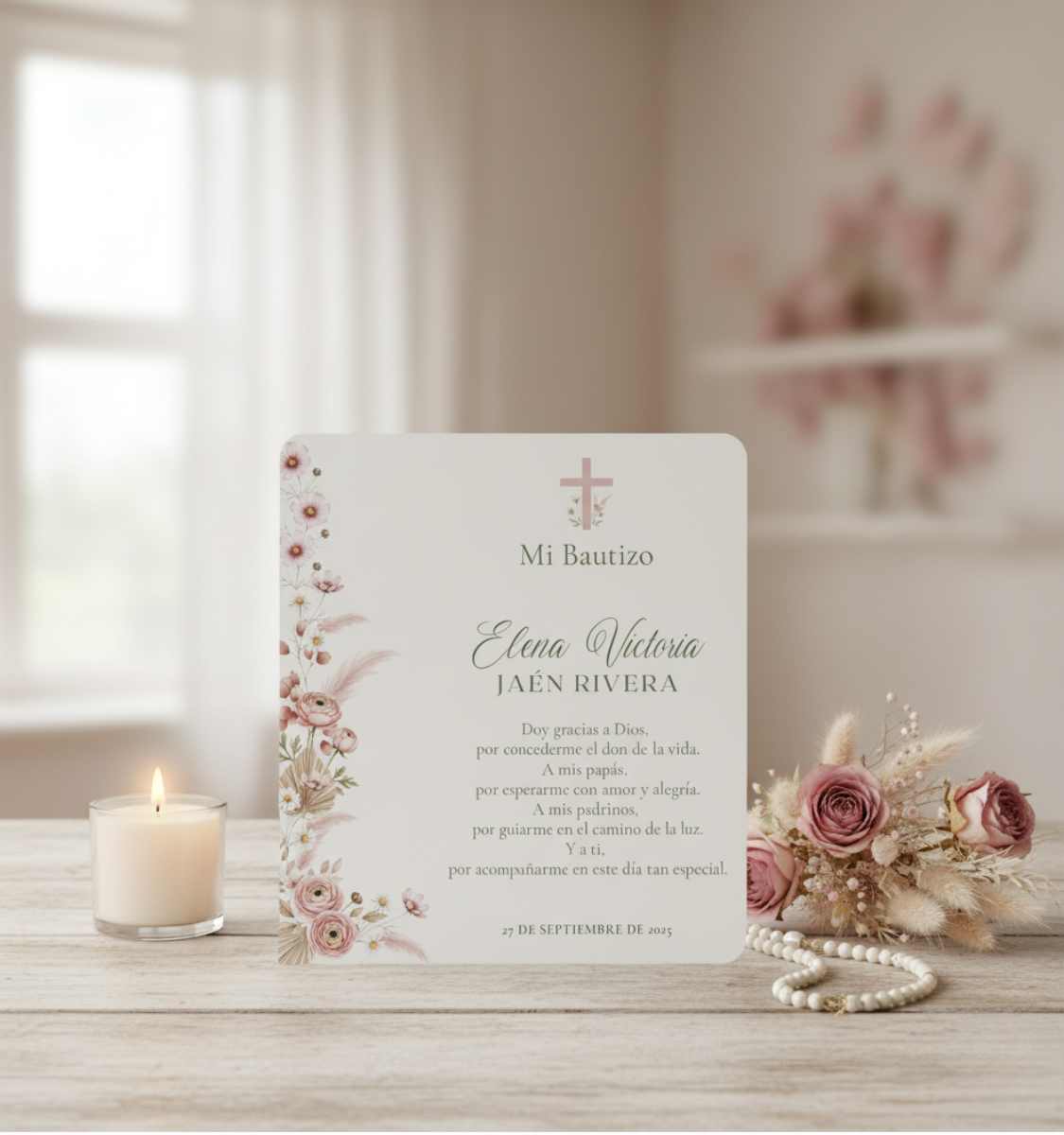 TARJETA PARA RECORDATORIO CON ROSARIO DRY BOUQUET