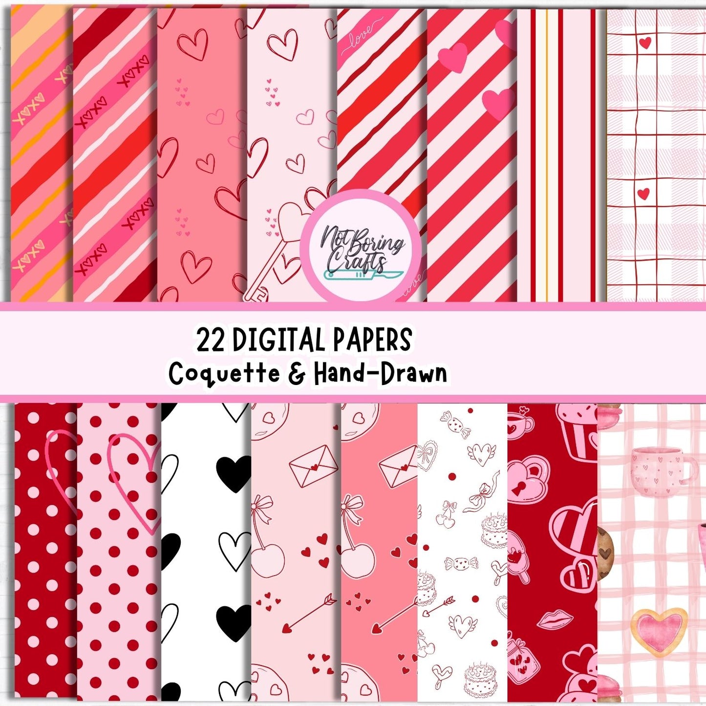 22 Papeles Digitales de San Valentín - Pack Premium Rosa y Rojo - Estilo Coquette & Hand-Drawn