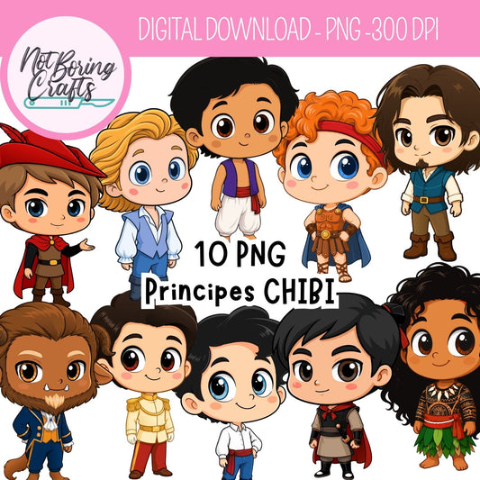 Set de Cliparts PNG Principes Disney en Estilo Chibi Descarga Digital
