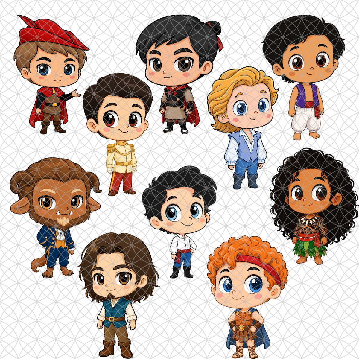 Set de Cliparts PNG Principes Disney en Estilo Chibi Descarga Digital