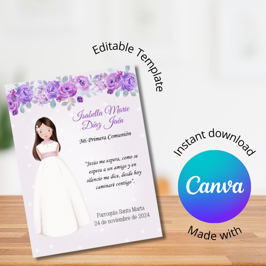 Tarjeta Recordatorio de Primera Comunion Rosas Lila