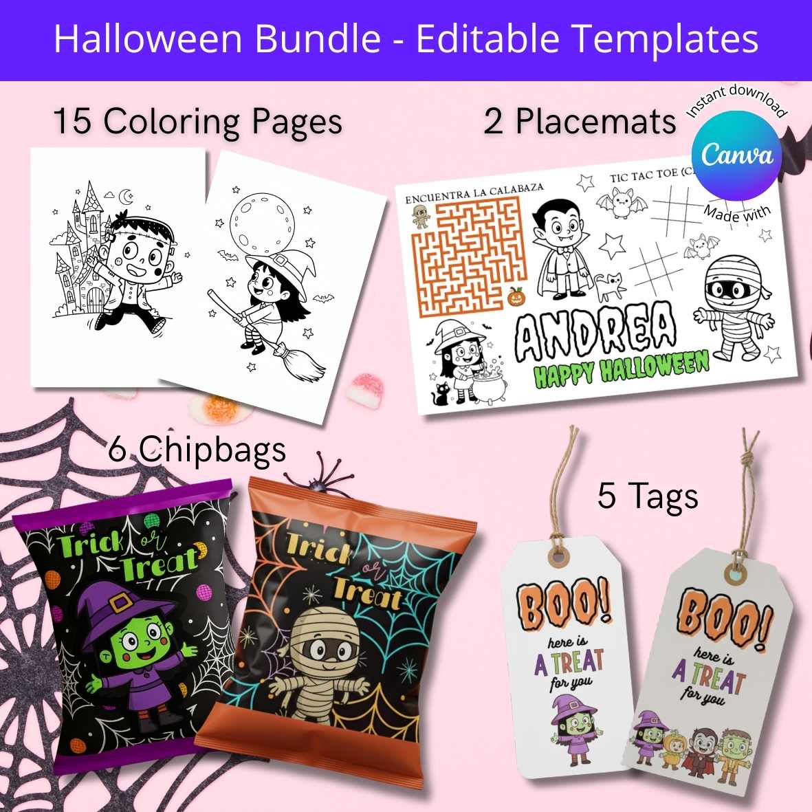 Paquete imprimible de Halloween con hojas para colorear, chipbags, placemats y etiquetas personalizables en Canva.