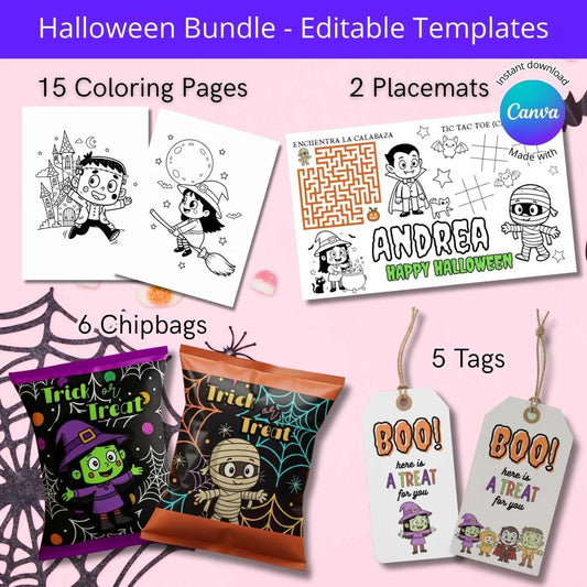 Paquete imprimible de Halloween con hojas para colorear, chipbags, placemats y etiquetas personalizables en Canva.