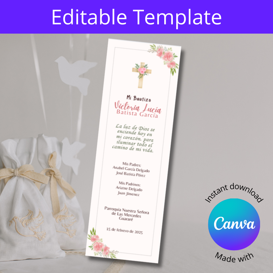 Separador Recordatorio para Bautizo Personalizable