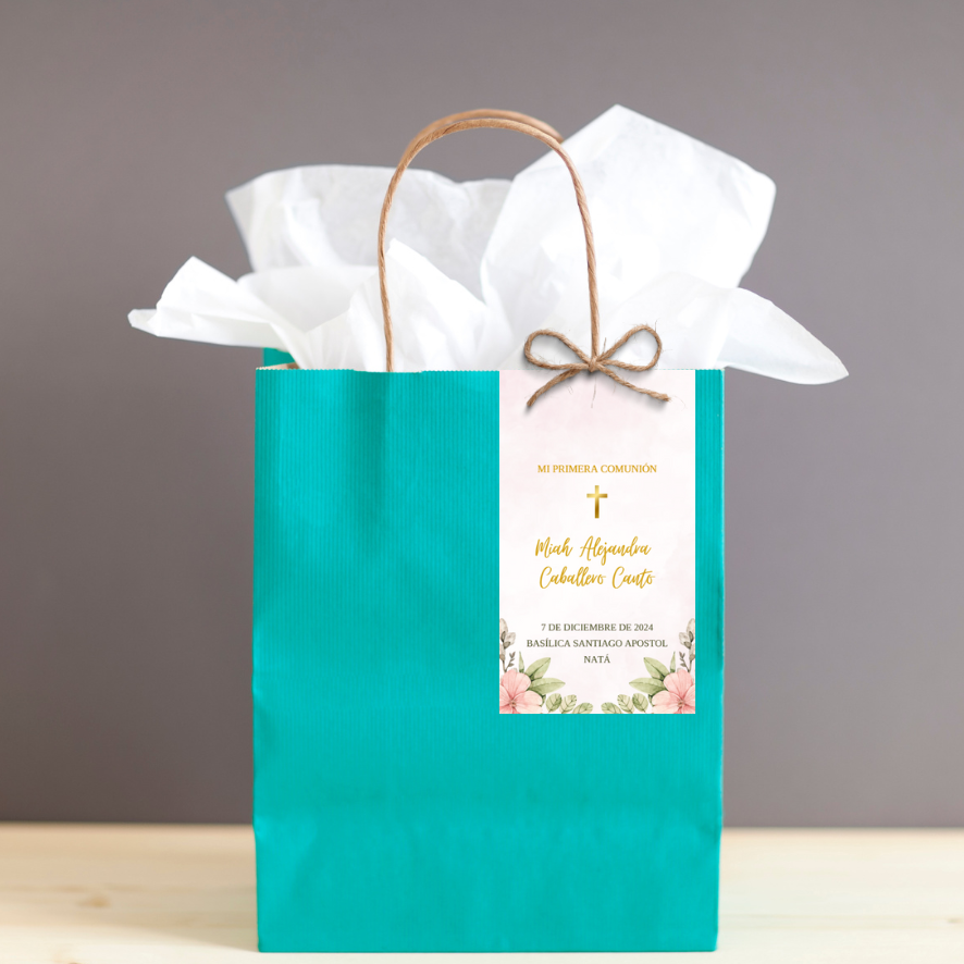 Etiqueta editable para Bautizo o Comunion Flores en acuarela