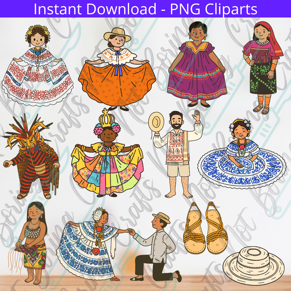 Set de cliparts PNG de trajes típicos de Panamá, incluyendo polleras, sombrero pintado y personajes culturales.