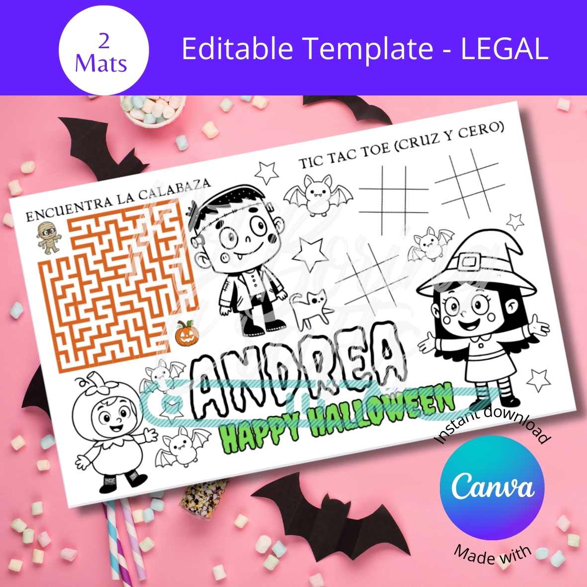 Editable Halloween activity mat featuring maze and tic-tac-toe for kids; perfect for spooky celebrations.