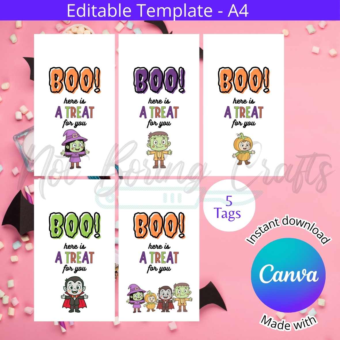 Editable Halloween treat tags template with fun designs for kids, perfect for festive decorations.