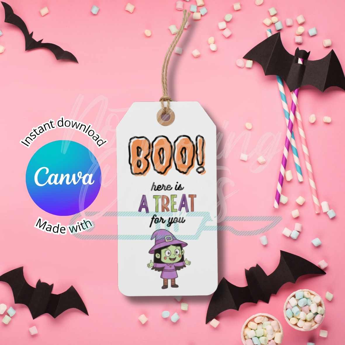 Editable Halloween gift tag with "Boo! Here is a treat for you" design, perfect for parties and celebrations.