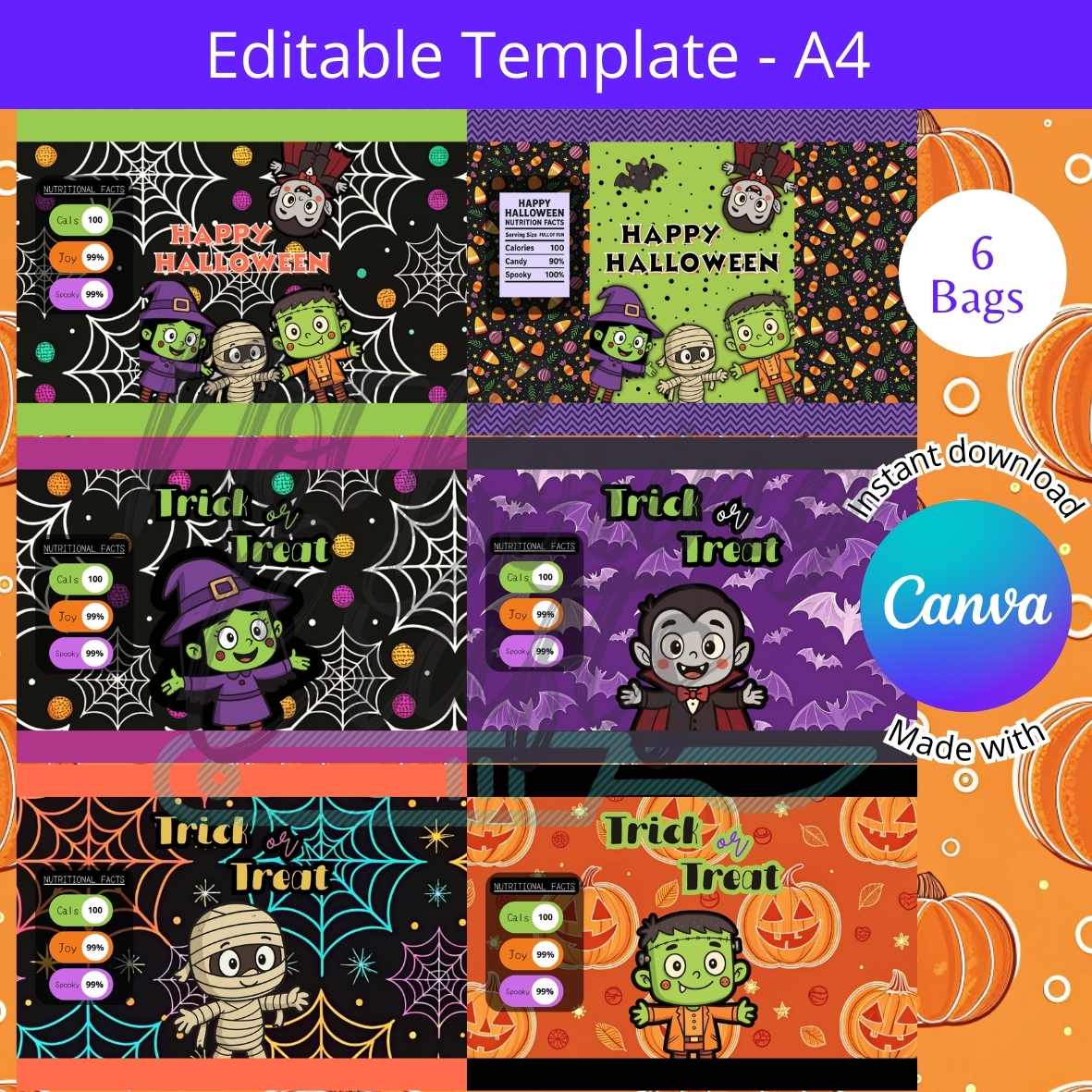 Editable A4 Halloween template featuring 6 fun designs for chip bags, perfect for party decor and activities.