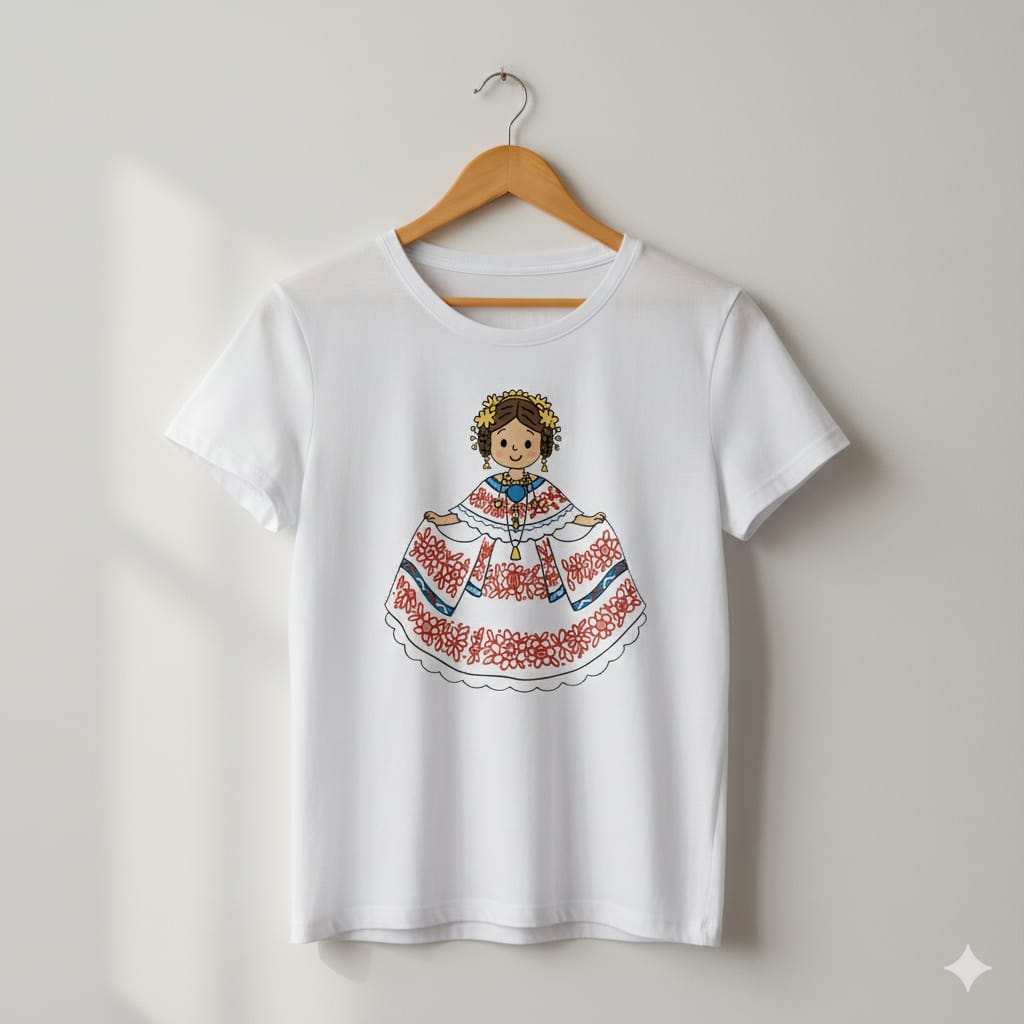 Camiseta blanca con ilustración de una niña vestida con pollera típica panameña, mostrando cultura y tradición.