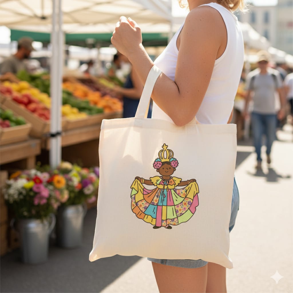 Mujer sosteniendo una bolsa de tela con ilustración de pollera panameña en un mercado de frutas.